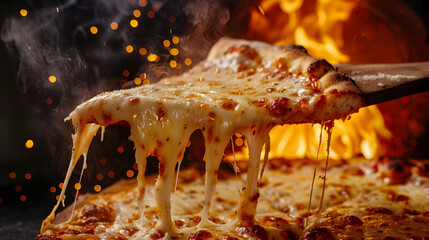 Close-up of a gooey, cheesy pizza slice being lifted from the pie, with strings of melted cheese and a fiery oven in the background. Ideal for food marketing, restaurant promotions, and pizza-themed c