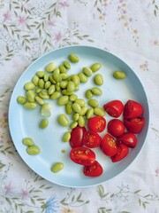 Edamame and Tomatoes on a Plate