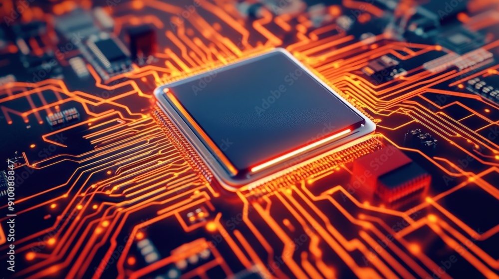 Poster a computer chip is shown in a close up with orange and red colors. the chip is surrounded by a black