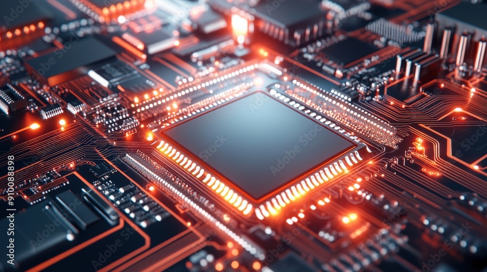 Poster a computer chip is shown in a close up with orange and red colors. the chip is surrounded by a black