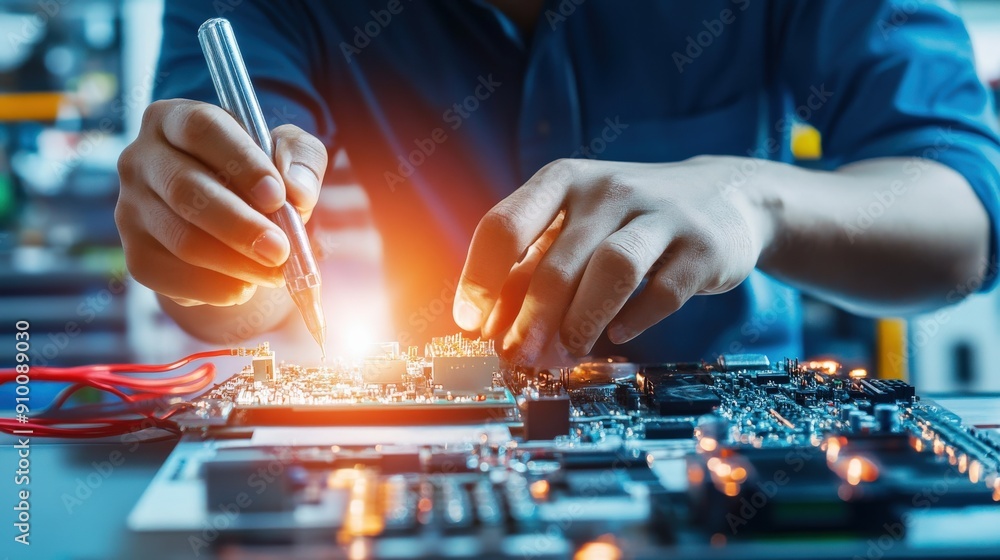 Poster a man is working on a computer chip, using a pen to draw on it