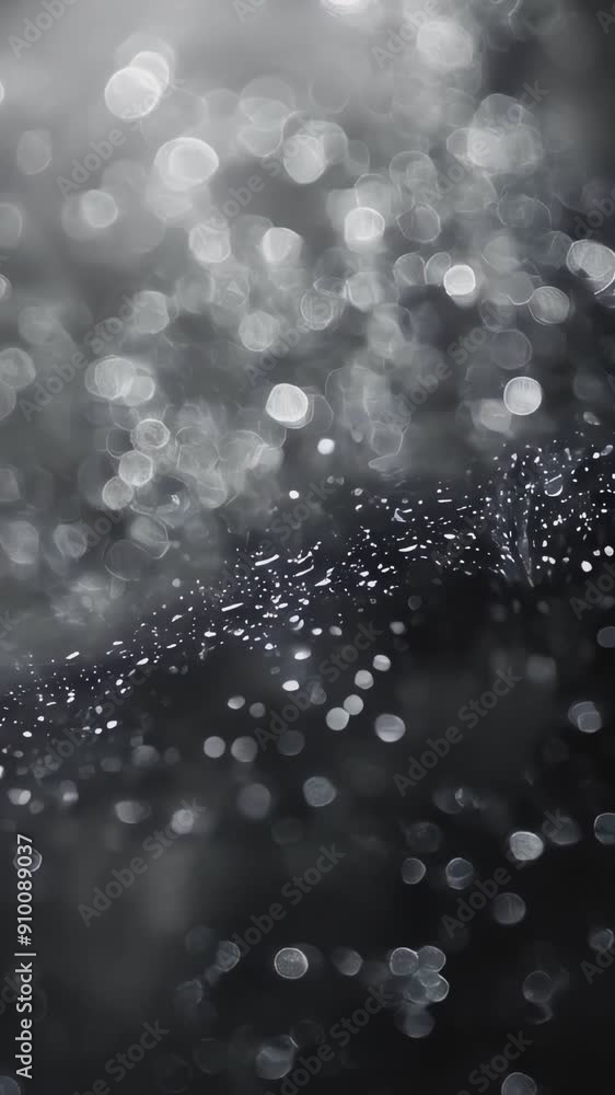 Poster shiny raindrops create a beautiful bokeh effect on a black background, showcasing intricate details 