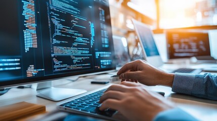 A person is typing on a computer keyboard in front of a monitor displaying blue code. Concept of focus and concentration as the person works on their computer. The blue color of the monitor