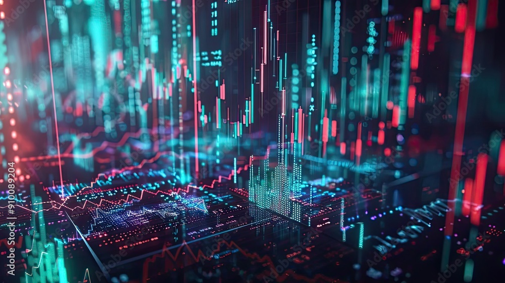 Aufkleber dynamic stock market data visualization with vibrant colors and digital graphs, illustrating financi