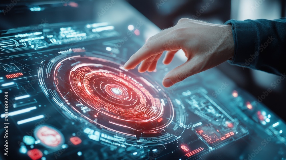 Poster a hand is pointing at a red circle on a computer screen
