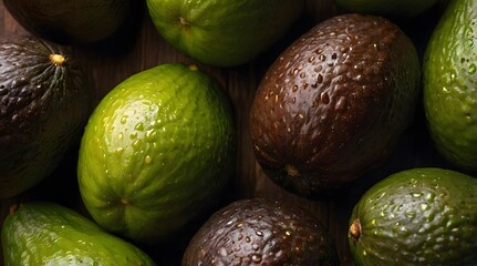 Background close-up shot of a pile of ripe brown avocados, the avocados are stacked, and light is shining through their skins.