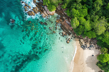 Aerial view of a tropical beach with crystal clear waters