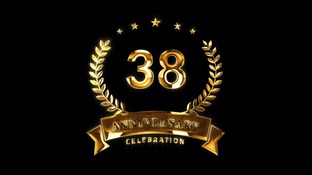 38th Anniversary Celebration. Happy 38 Years Anniversary Animation in Gold Color on the Transparent Background, Alpha Channel. Great for greetings, celebrations, events, and gifts.