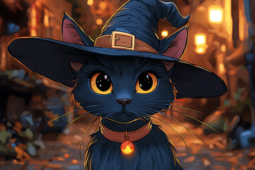 Obraz premium Cute black kitten wearing a witch hat sitting next to glowing lanterns on a spooky Halloween night
