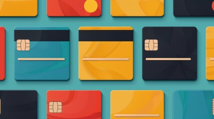 Vibrant credit card rewards concept with colorful icons and detailed benefits deep depth of field  Financial banking transaction and payment program design with modern minimalist pattern