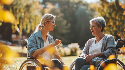 Caregiver assisting elderly woman in wheelchair, chatting outdoors in park