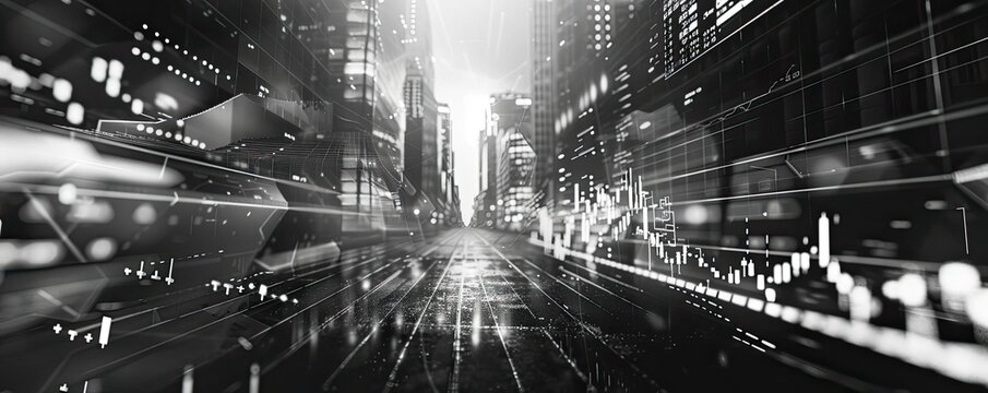 A dynamic black and white cityscape with futuristic lines and digital elements, symbolizing technology and urban life.