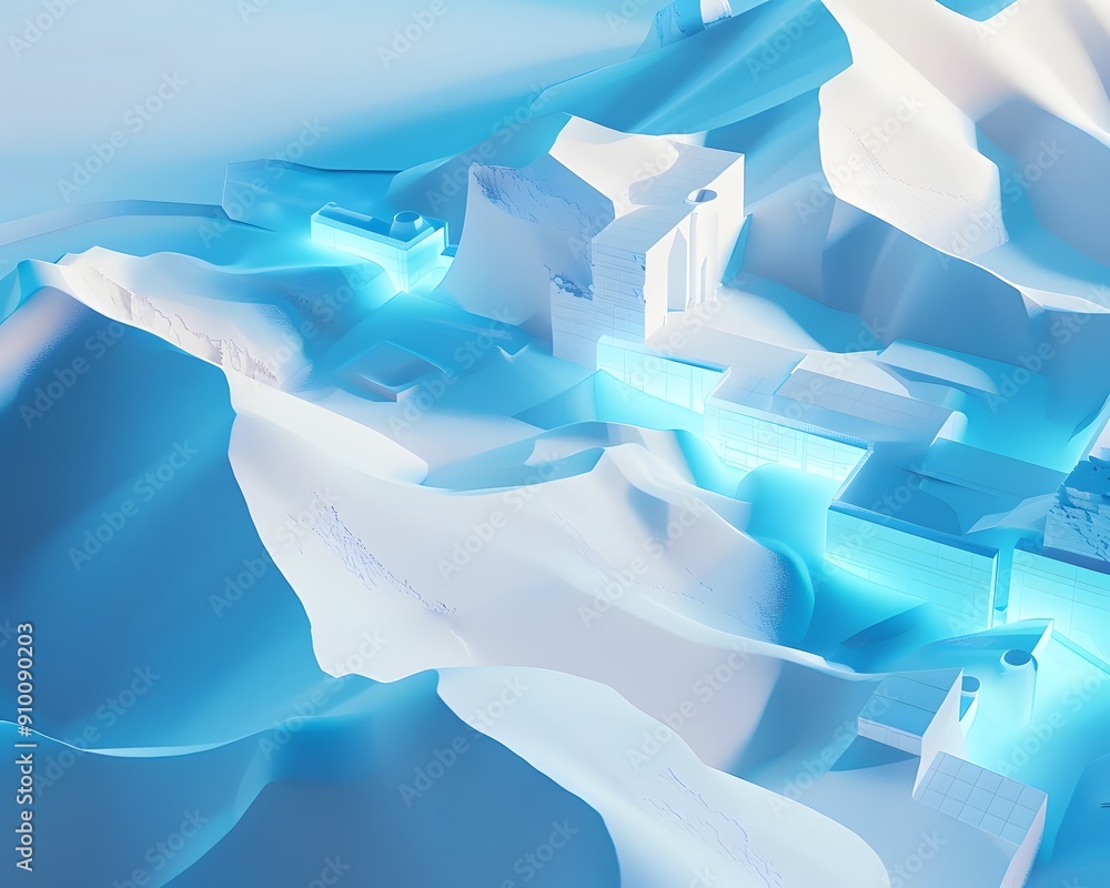 Poster abstract architectural render with blue lighting. a white abstract 3d render with blue lighting show