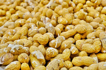 Peanuts in shell and ready to be peeled. Whole peanuts are beneficial for our bodies. Here we have a pile of salted peanuts.