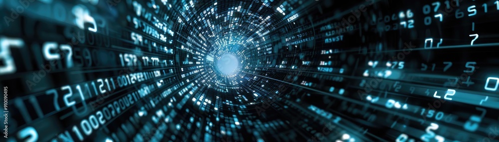 Poster abstract digital tunnel with vibrant blue data streams illustrating technology and connectivity conc