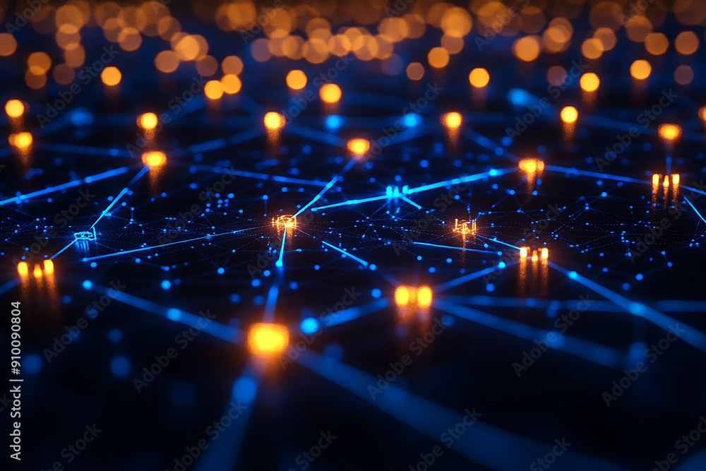 Poster abstract digital network with glowing nodes and connections, representing data, technology, and conn