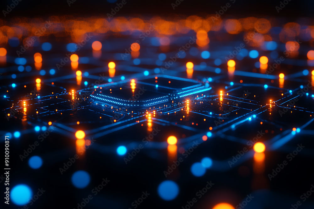 Poster abstract digital network with glowing nodes and connections, representing data, technology, and conn