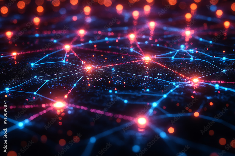 Poster abstract digital network with glowing nodes and connections, representing data, technology, and conn