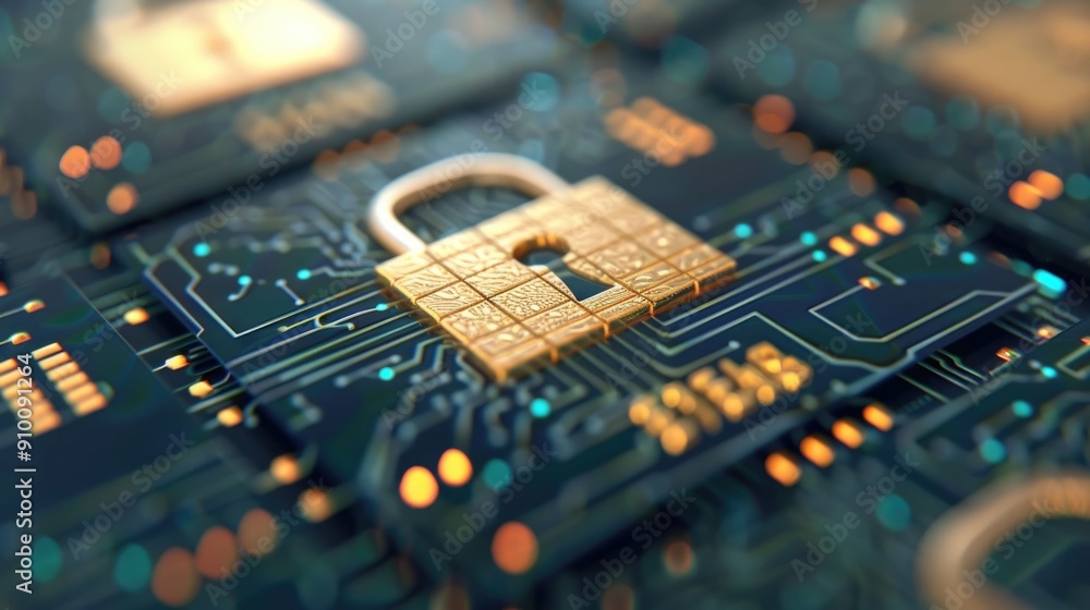 Poster secured credit cards with lock and security imagery in deep depth of field showcasing the futuristic