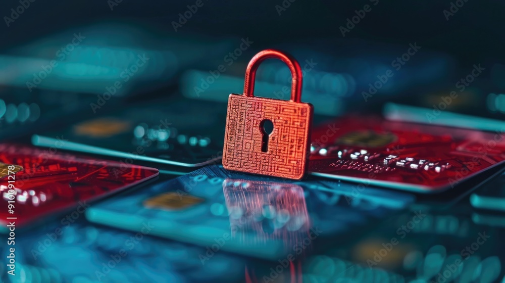 Poster closeup image of a secured credit card with a red lock icon and various security imagery against a d