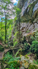 Narrow gorge with wooden walkway and small stream running through Kesselfall Klamm gorge, Sembriach, Styria, Austria. Hiking trail covered in moss and ferns. Wooden footbridge through misty landscape