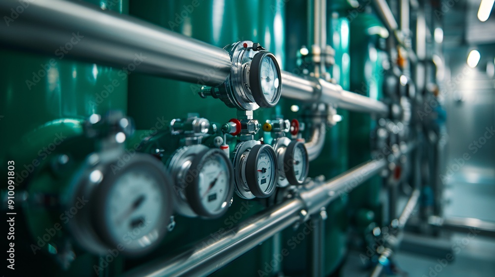 Wall mural Close-up of Industrial Pressure Gauges and Pipelines