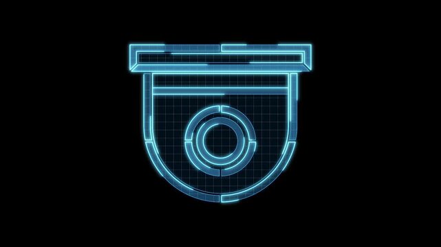 Security camera icon motion animation, continuous seamless loop from 1 to 7 second mark, futuristic cyber technology look, neon laser lines on black background.