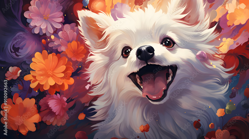 Wall mural Smiling White Dog in a Flowery Illustration