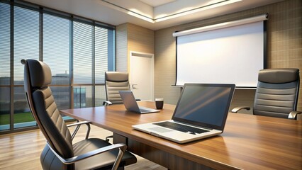 Fototapeta premium Conference room setup with a laptop, projector, and screen displaying a slide, a lectern, and a modern chair, ready for a business presentation.