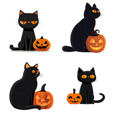 Halloween sticker pack on transparent background with black cat and pumpkin . Jack lantern. Cartoon isolated cats with lanterns