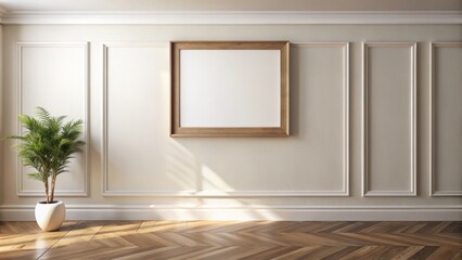 Horizontal empty wall frame with creamy white matte and brown wood borders in a minimalist room with soft natural light, ideal for custom interior artwork.