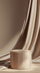 Luxury cosmetic product presentation and advertisement. brown background with empty wooden pedestal and beige silk curtains fluttering in the wind.
