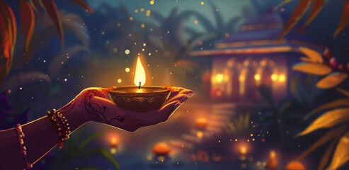 Hand holding lit Diwali diya oil lamp in front of illuminated doorway, evening setting