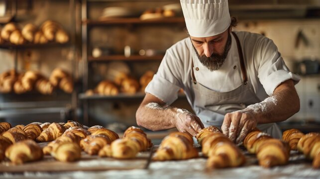 Pastry chef preparing fresh croissants in a bakery