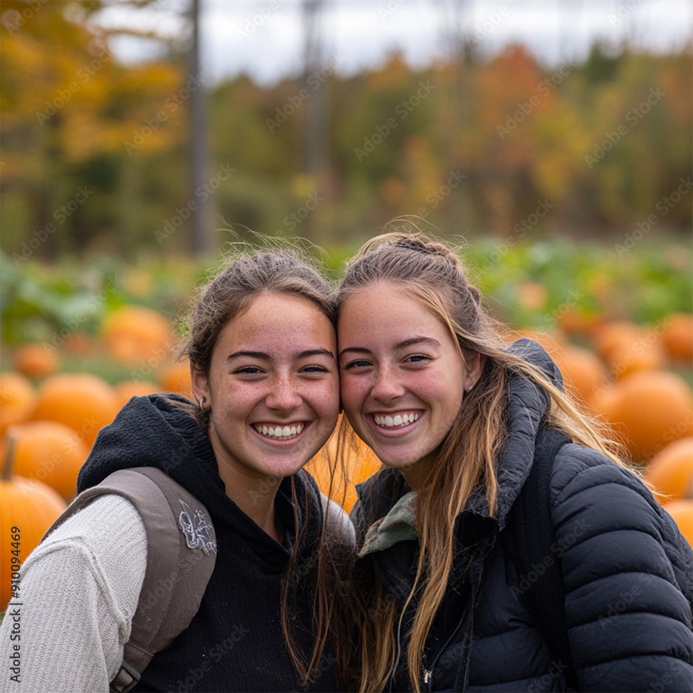 Poster Two friends smiling at a pumpkin patch with fall foliage