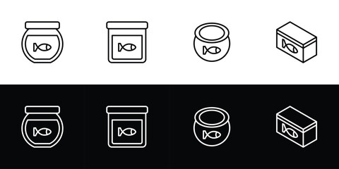 Aquarium icon set. Flat design symbol collection isolated on black and white background.