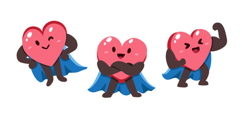 Set of healthy cartoon heart character with superhero cape for design.