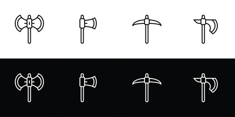 Axe icon set. Flat design symbol collection isolated on black and white background.