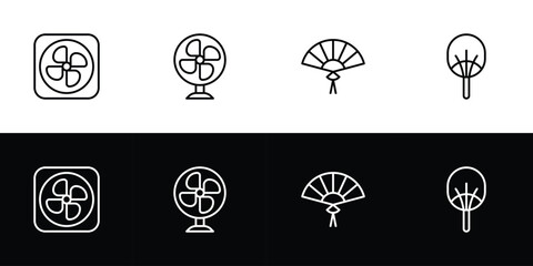 Fan icon set. Flat design symbol collection isolated on black and white background.