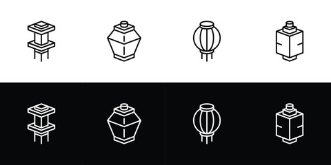 Lantern icon set. Flat design symbol collection isolated on black and white background.