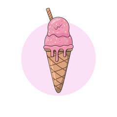 Strawberry Ice Cream in Waffle Cone Vector Illustration. Strawberry Ice Cream Scoops in Waffle Cone with Multi-Colored Sprinkles and Waffle Roll.