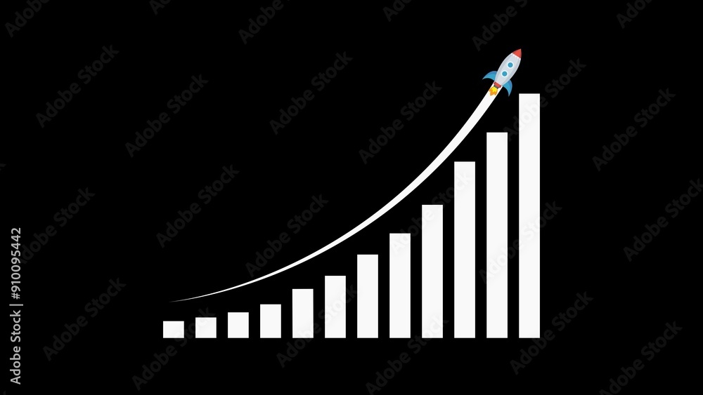 Poster arrow rising on graph with rocket sale symbols. abstract business growth and graph chart icon.
