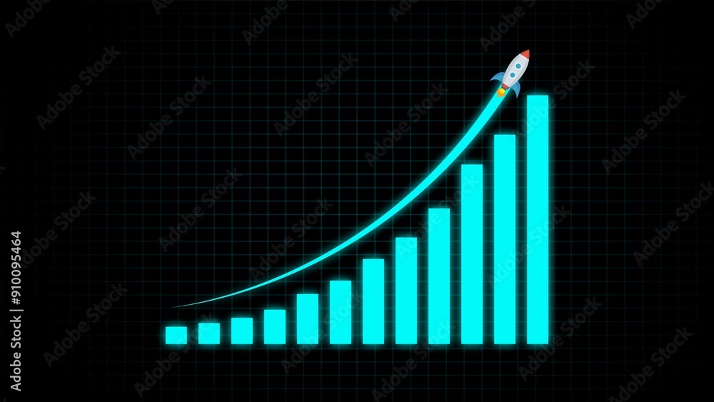 Poster arrow rising on graph with rocket sale symbols. abstract business growth and graph chart icon.