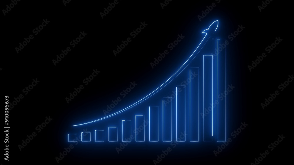 Poster arrow rising on graph with rocket sale symbols. abstract business growth and graph chart icon.