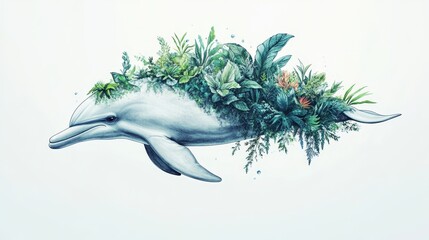 This illustration depicts a dolphin covered in vibrant green foliage, symbolizing the interconnectedness of marine life and terrestrial ecosystems, environmental protection, biodiversity, sustainable 