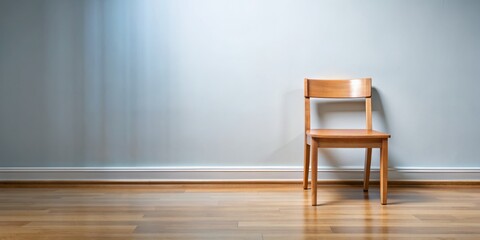 Empty wooden chair isolated in a quiet school hallway with a clean wall and floor, providing ample copy space for text or design.