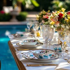 A beautifully set table by the pool with white china featuring floral patterns, clear crystal glasses, and a vibrant bouquet of flowers. The scene embodies luxury, elegance, and a sophisticated outdoo