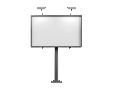 Blank billboard on a metal pole isolated on a white background. PNG without background