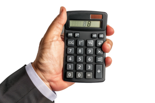 Hand holding black calculator, isolated on white background. PNG without background
