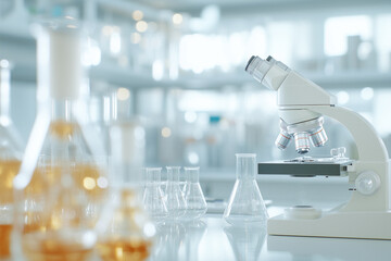 Scientific microscopy data analysis in lab, medical equipment, lab equipment for chemistry and science, biology experiment technique, pharmaceutical glassware beakers, flasks and test tubes.